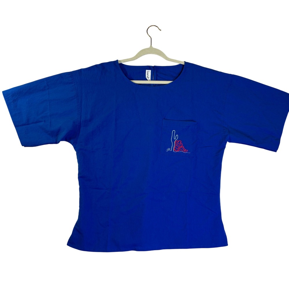 Laura Mae Vintage Royal Blue Embroidered Cactus Sombrero Short Sleeve Blouse